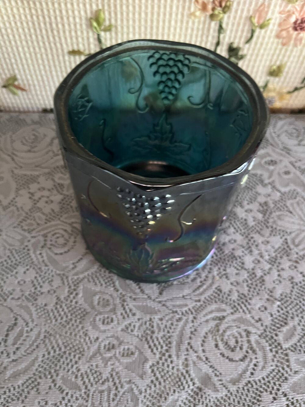 Indiana Glass Blue Carnival Glass Harvest Grape Embossed Tumbler Iridescent